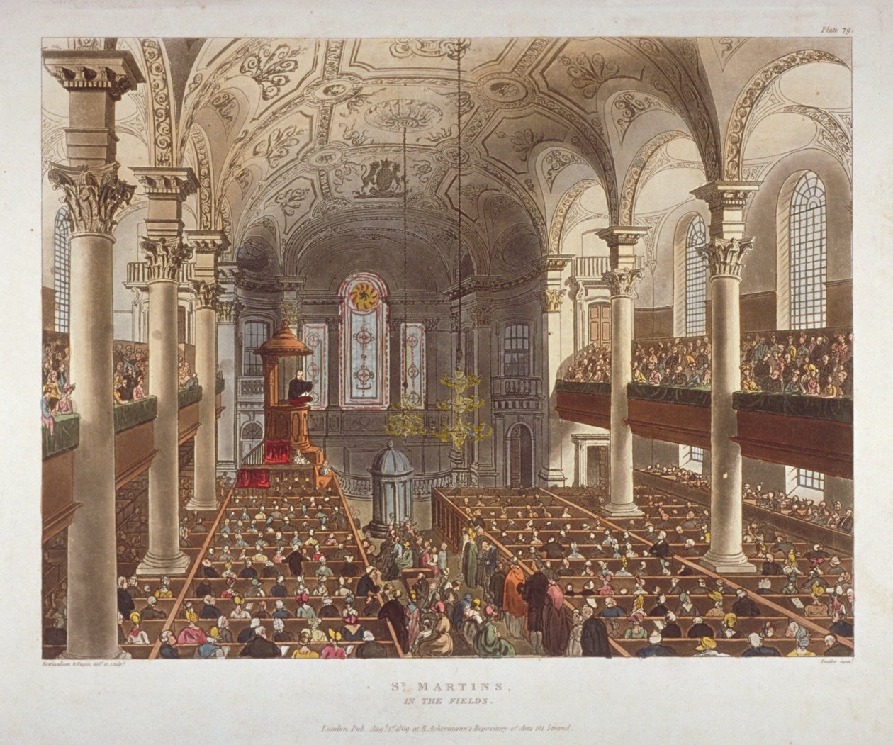 Interiør av Church of St Martin-in-the-Fields, Westminster, London, 1809 av Augustus Charles Pugin, Thomas Rowlandson