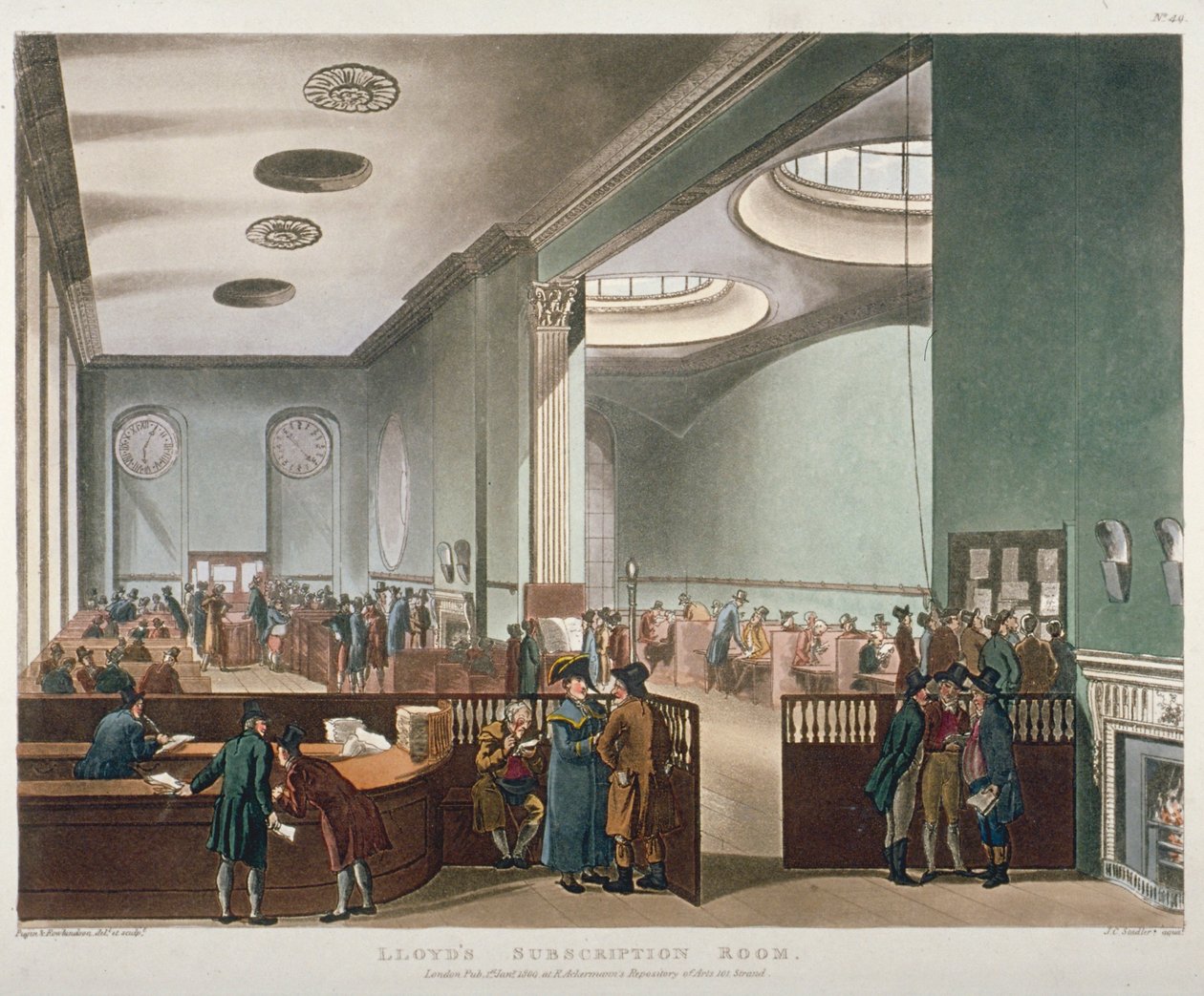 Innvendig visning av Lloyds Subscription Room i Royal Exchange, City of London, 1809 av Augustus Charles Pugin, Thomas Rowlandson