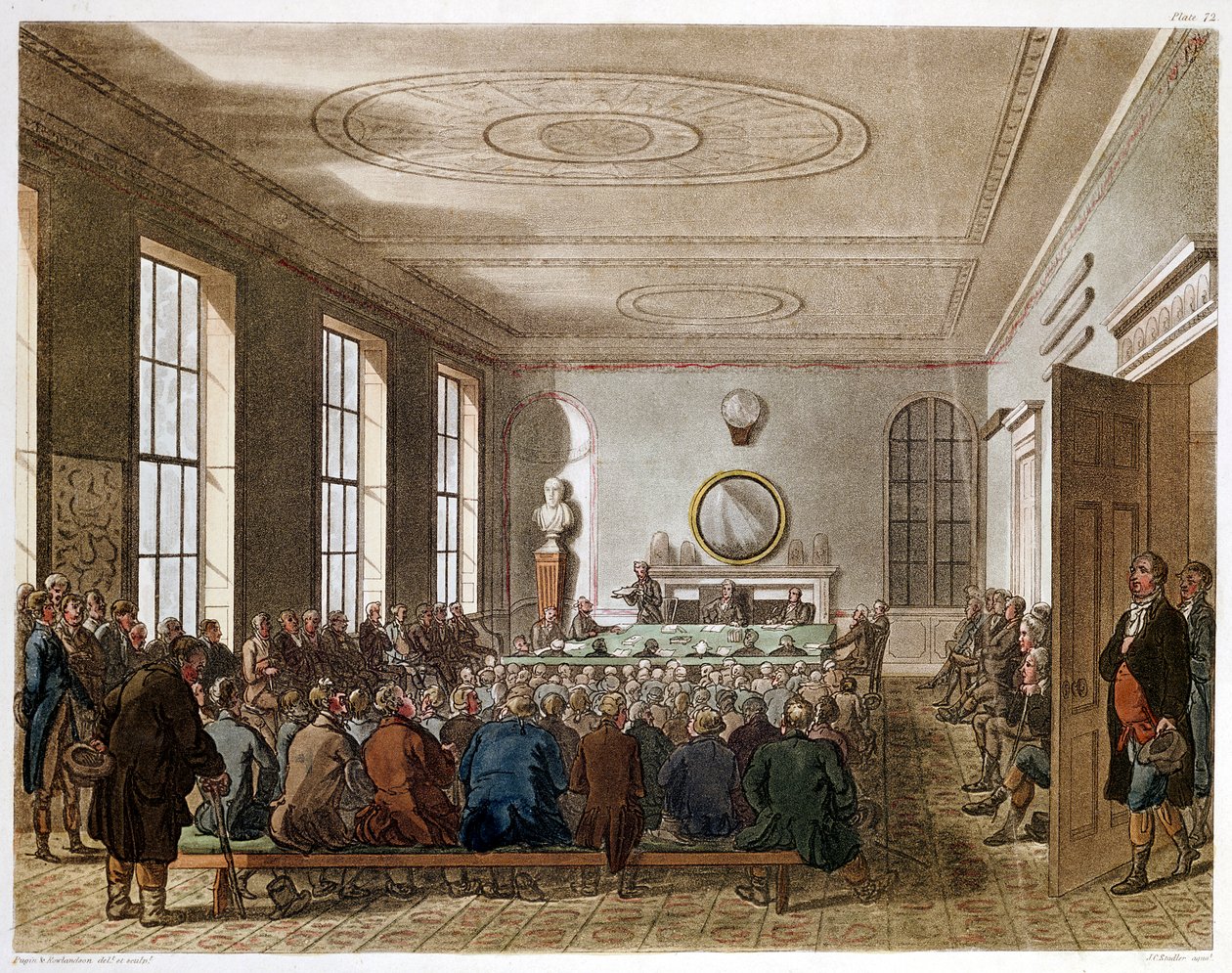 Møte i Agricultural Society, London, 1808-1810 av Augustus Charles Pugin, Thomas Rowlandson