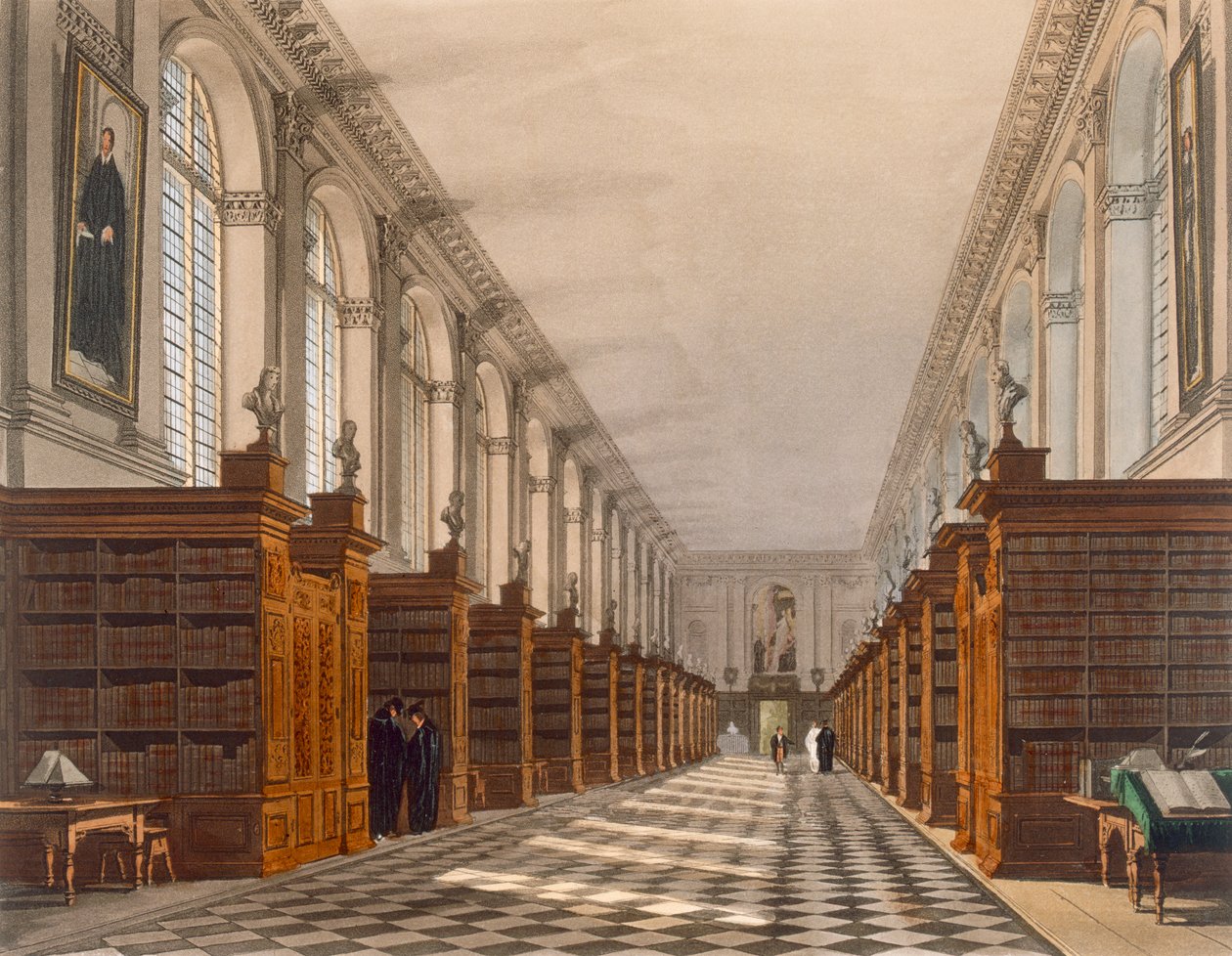 Interiør av Trinity College Library, Cambridge, fra The History of Cambridge, gravert av Daniel Havell (1785-1826), pub. av R. Ackermann, 1815 (fargeakvatint) av Augustus Charles Pugin