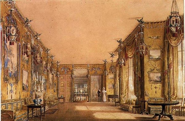 Interiør i den gule salongen i Brighton Pavilion, ca. 1820 (akvarell og gouache på papir) av Augustus Charles Pugin