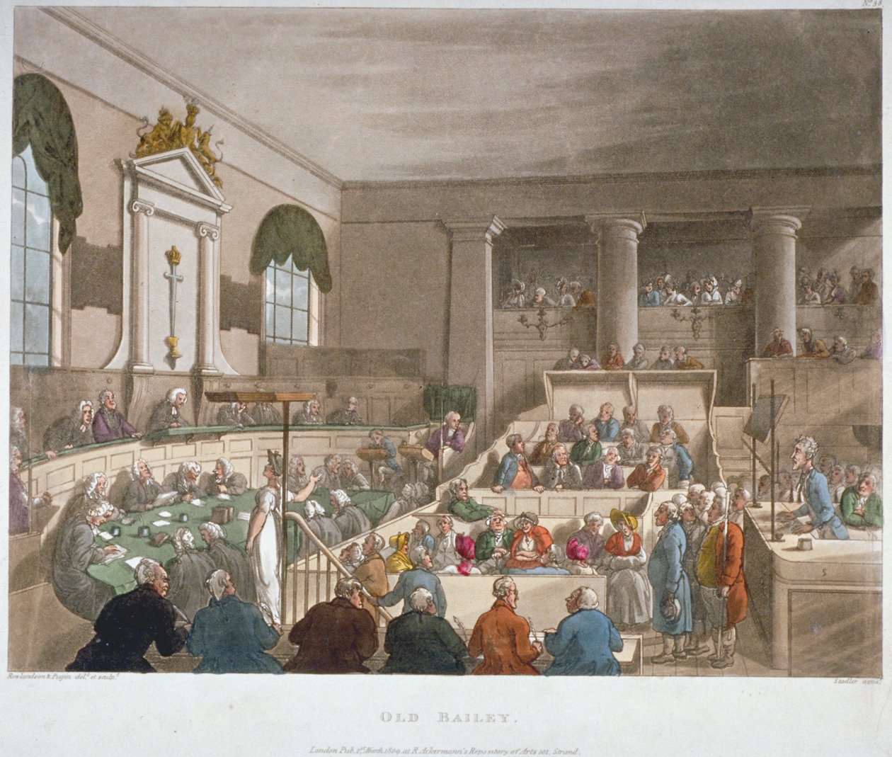 Innvendig utsikt over Sessions House, Old Bailey, med en domstol i møte, City of London, 1809 av Augustus Charles Pugin