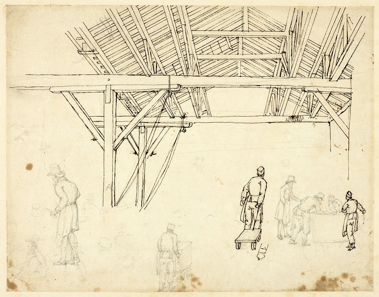 Avvist studie, muligens for en illustrasjon av Custom House, fra Microcosm of London (recto); Skisser av arbeidere med fat (verso) av Augustus Charles Pugin