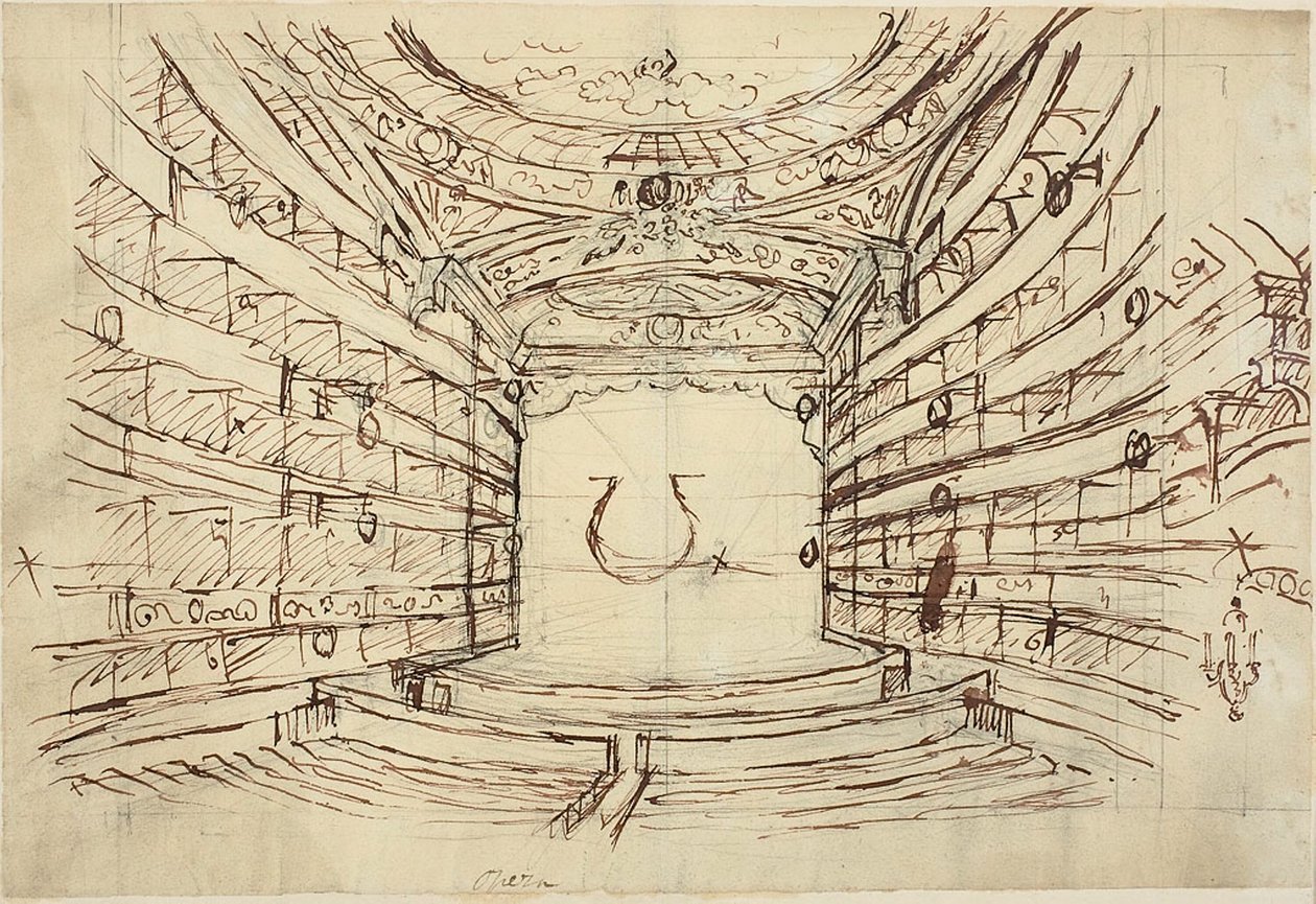 Studie for Opera House, fra Microcosm of London av Augustus Charles Pugin