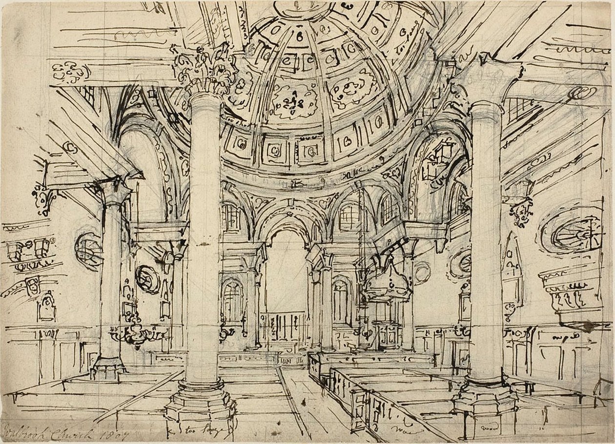 Studie for Walbrook Church (recto); Skisser av seilbåter, menn og joller (verso) av Augustus Charles Pugin