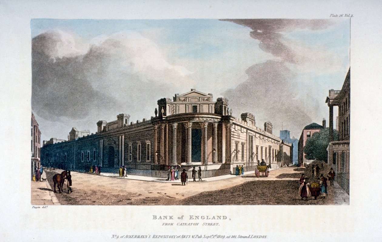 Bank of England, fra Cateaton Street, City of London, 1809 av Augustus Charles Pugin