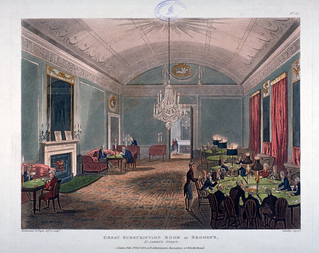 The Great Subscription Room, interiøret i Brooks's Club, St James's Street, London, 1808. av Augustus Charles Pugin