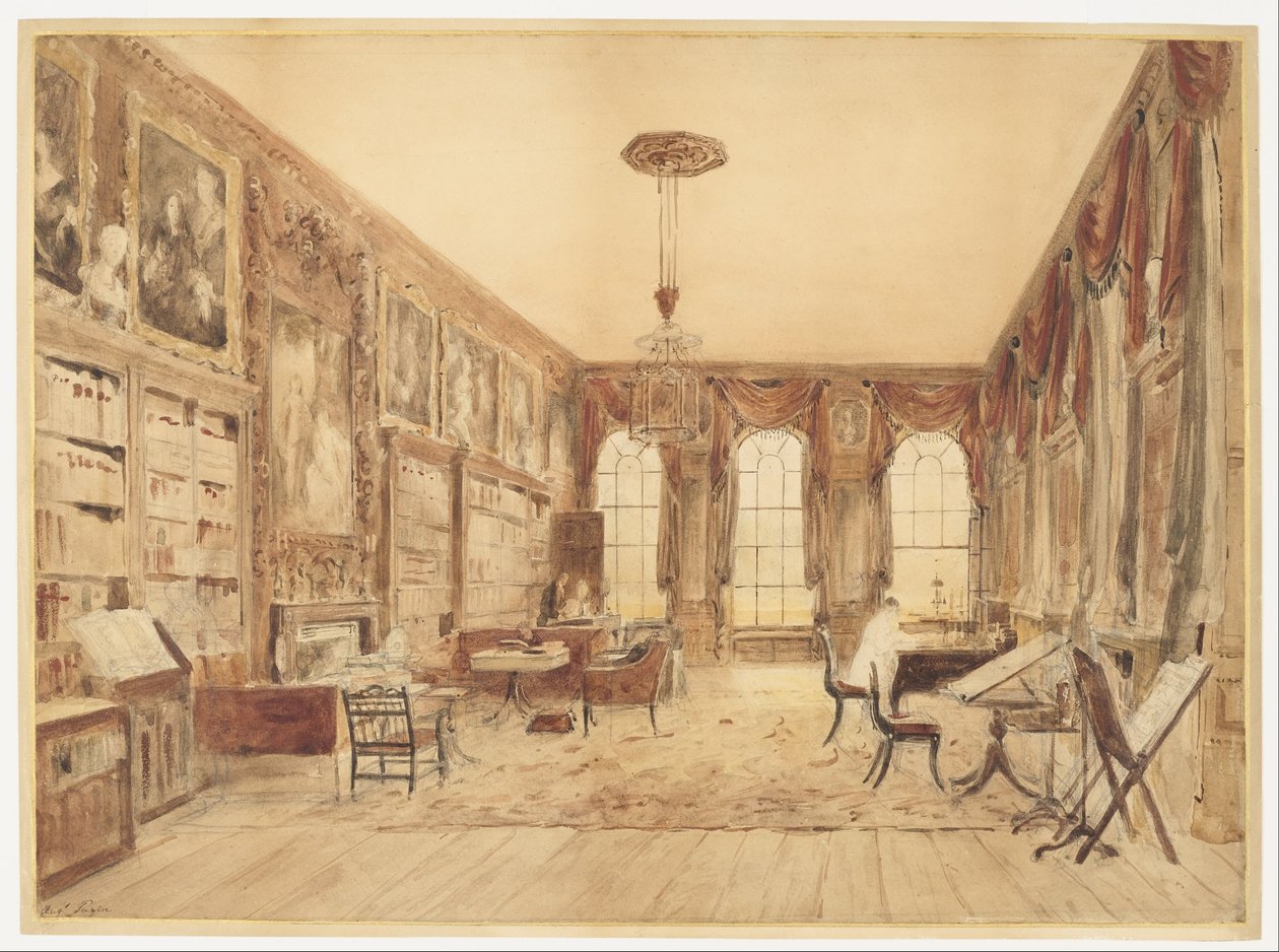 Interiøret i biblioteket på Cassiobury av Augustus Charles Pugin