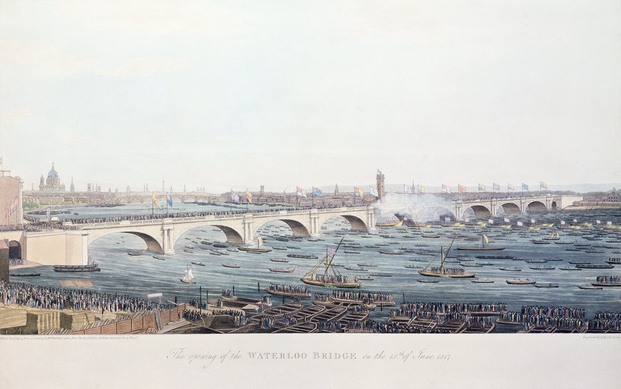 Åpningen av Waterloo Bridge den 18. juni 1817, etset av A. Pugin fra en tegning av W. Findlater, gravert av R. Havell und Son, 1818 (fargegravering) av Augustus Charles Pugin