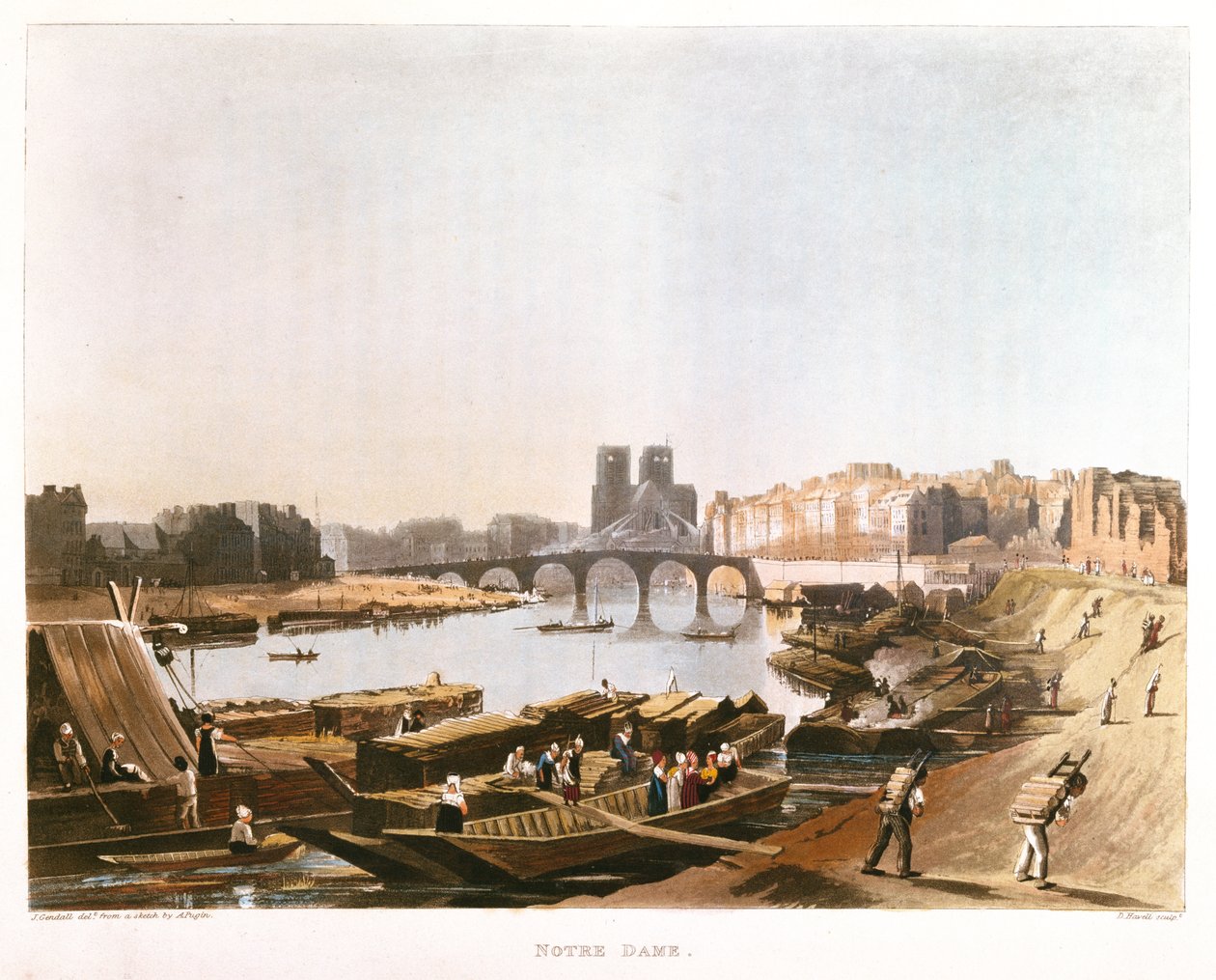 Notre Dame, Ile de la Cite, Ile Saint Louis og Pont de la Tournelle, 1821 av Augustus Charles after Pugin
