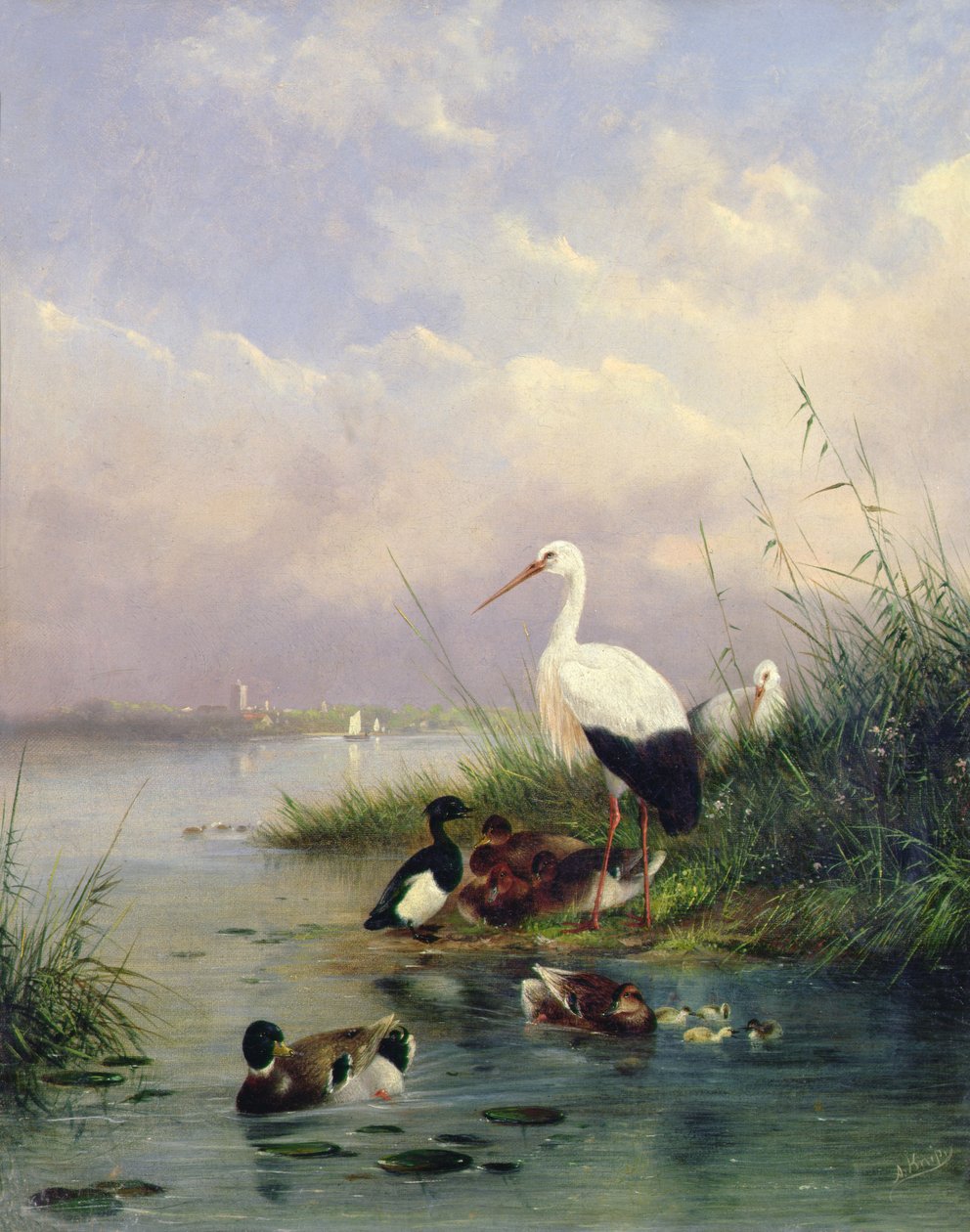 En familie av stokkand, to storker og en familie med tufteender (par 77886) av Augustus Knip
