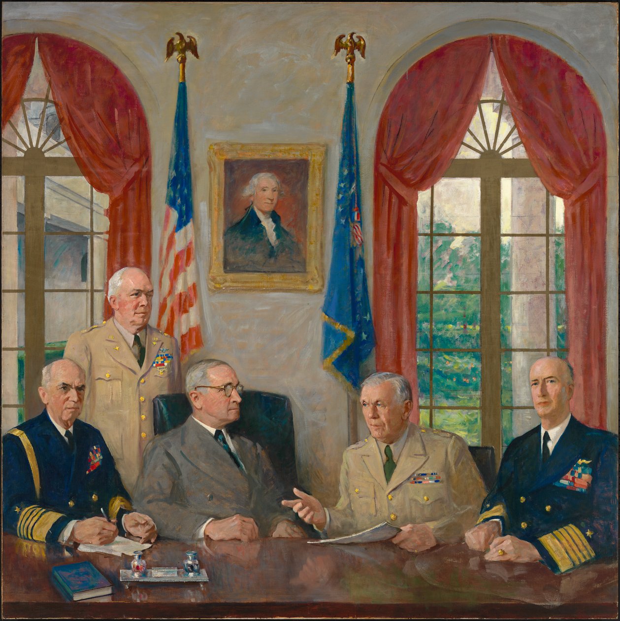 Truman og hans militære rådgivere, 1949. av Augustus Vincent Tack