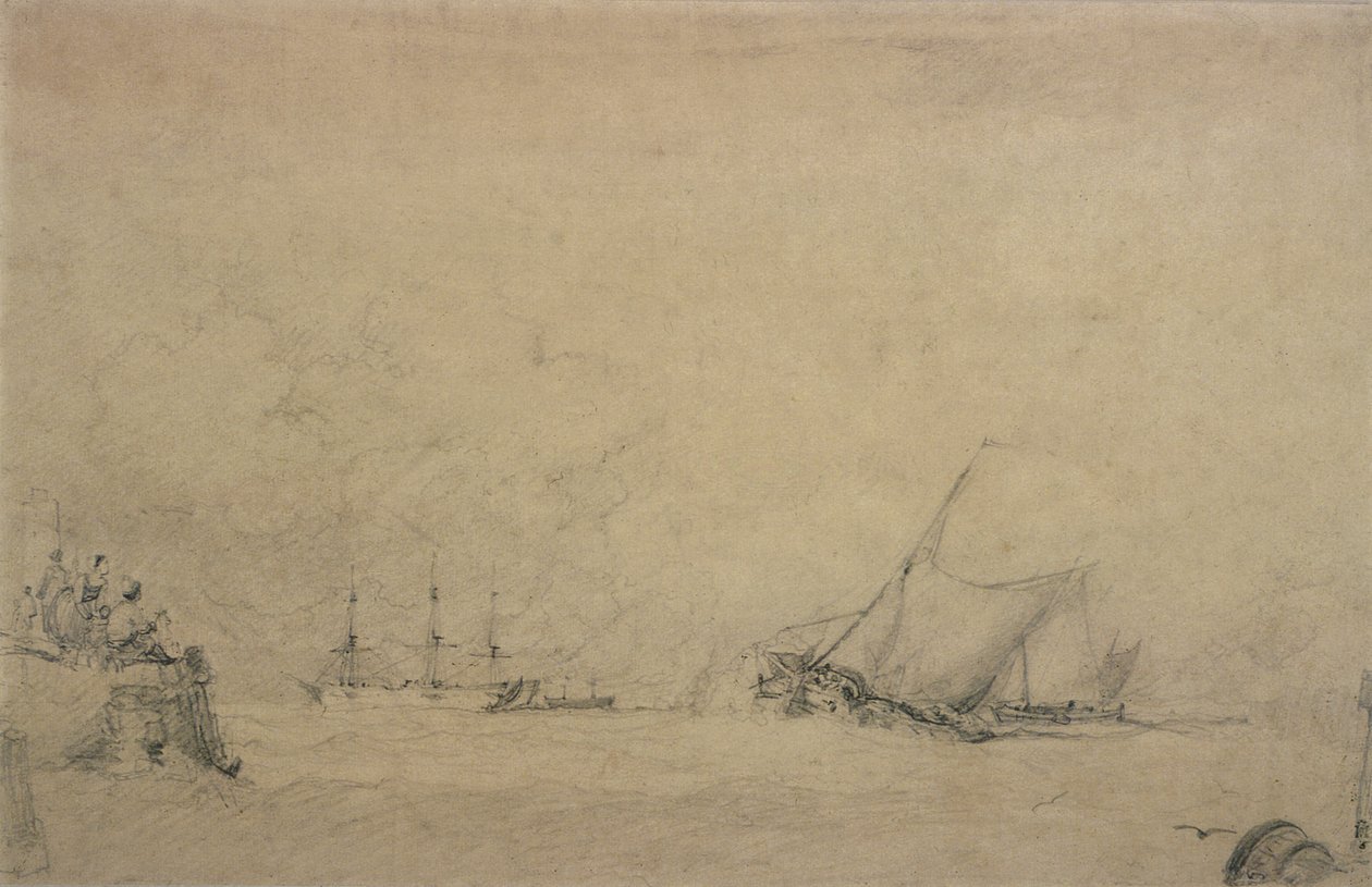 Lugger gjør for munnen til en havn (tegning) av Augustus Wall Callcott
