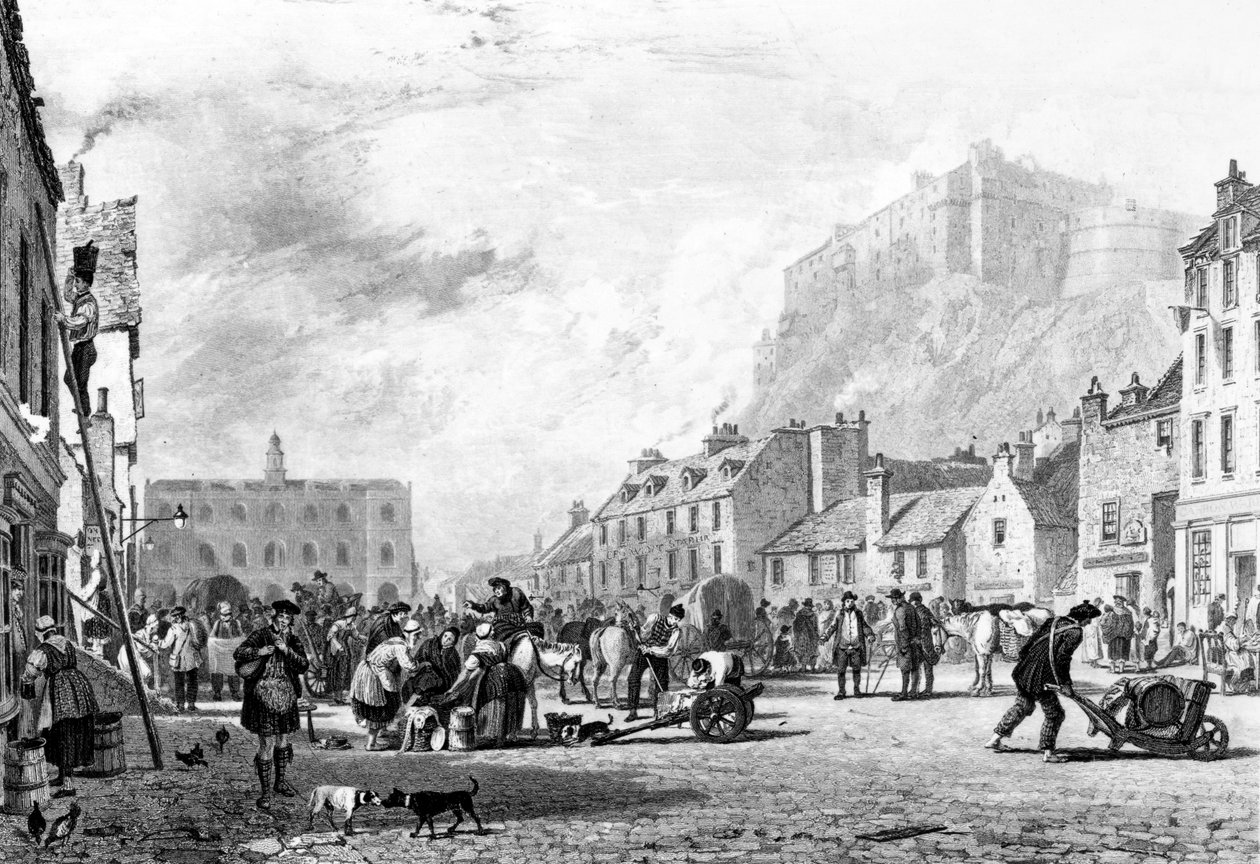 Slottet fra Grass Market, Edinburgh, etset av George Cooke og Henry Le Keux, 1820 av Augustus Wall Callcott