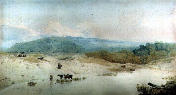 Utsikt i Yorkshire, River and Cattle, (tegning) av Augustus Wall Callcott