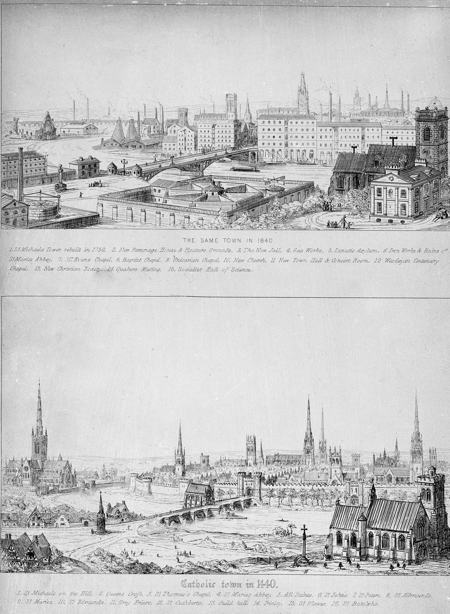 Katolsk by i 1440 og samme by i 1840 av Augustus Welby Northmore Pugin