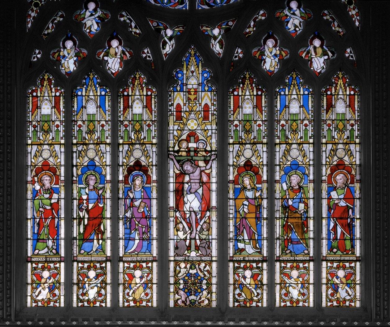 Korsfestelse med hellige, 1851 (farget glass) av Augustus Welby Northmore Pugin