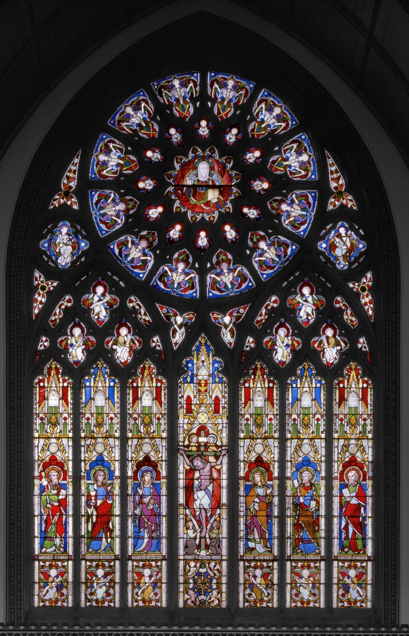 Korsfestelse med hellige, 1851 (farget glass) av Augustus Welby Northmore Pugin