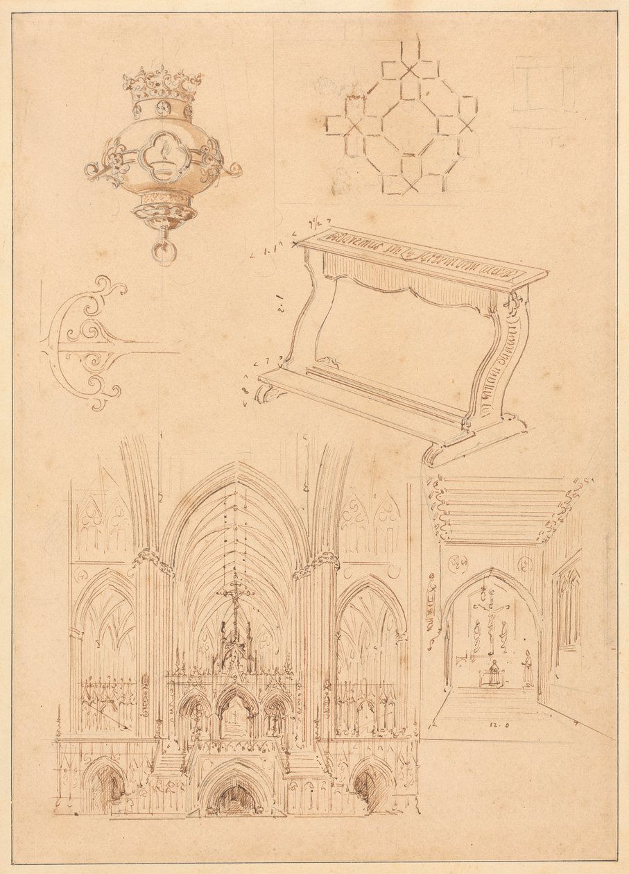 Design for gotisk utsmykning, en kneler og to skisser av interiøret i gotiske kirker av Augustus Welby Northmore Pugin