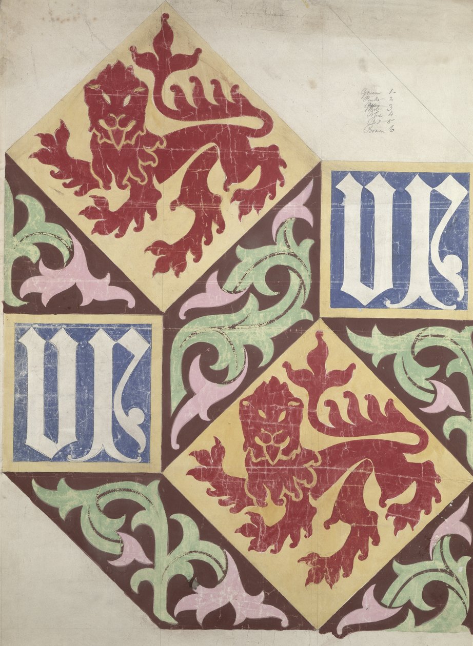 Gulvdesign for Houses of Parliament (gouache og blyant på papir) av Augustus Welby Northmore Pugin