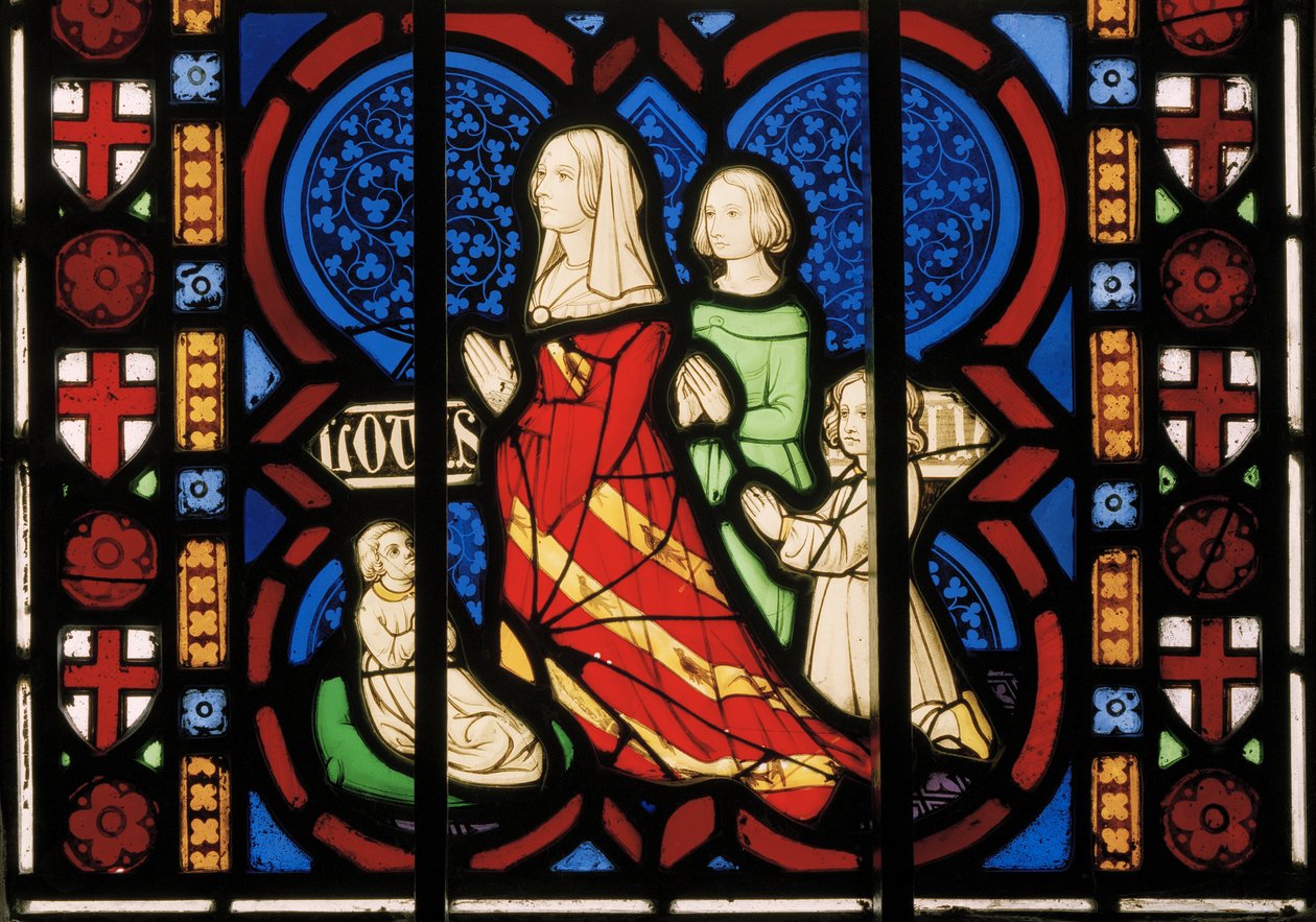 Pugins andre kone Louisa med stedatteren Anne og hennes to døtre Agnes & Katherine, Chapel East Window, ca. 1844 (farget glass) av Augustus Welby Northmore Pugin