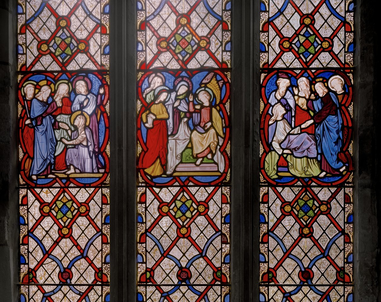 Raising Of Lazarus, The Marys at The Tomb, and the Raising of Jairuss Daughter, detalj, 1850 (farget glass) av Augustus Welby Northmore Pugin