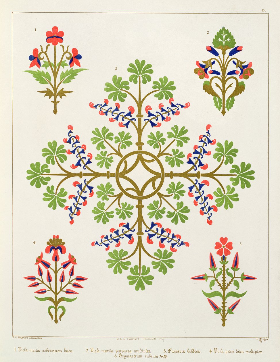 Rosemotiv tapetdesign, trykt av M. und N. Hanhart av Augustus Welby Northmore Pugin