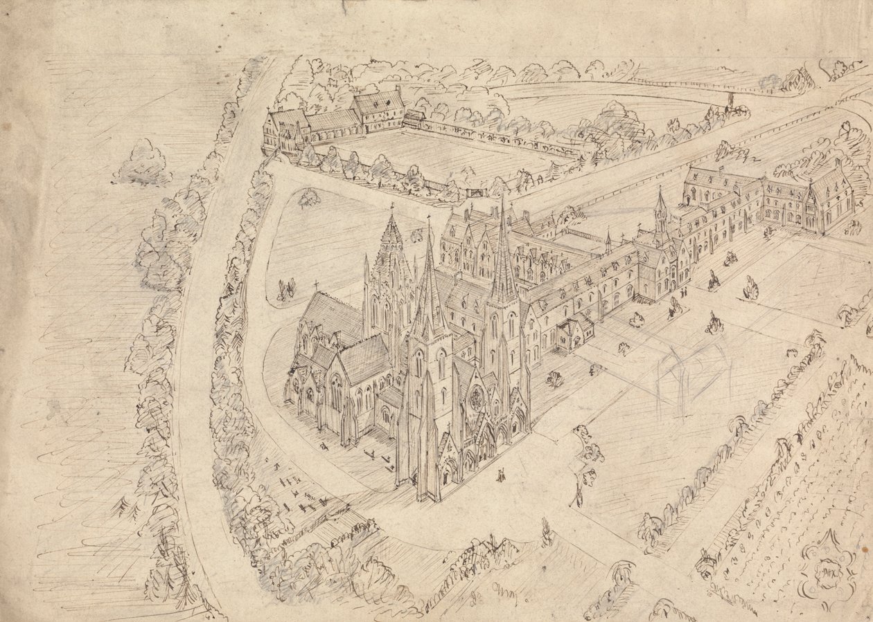 Skisse av en gotisk kirke og kloster av Augustus Welby Northmore Pugin