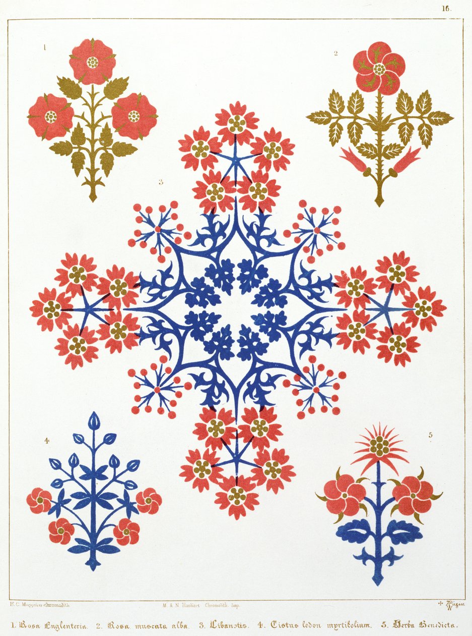 Tapetdesign av fiolett, iris og tulipaner, trykt av M. und N. Hanhart av Augustus Welby Northmore Pugin