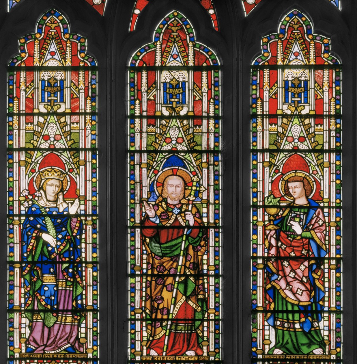 Jomfru og Kristus med hellige, østvindu, detalj, 1847-48 (farget glass) av Augustus Welby Northmore Pugin