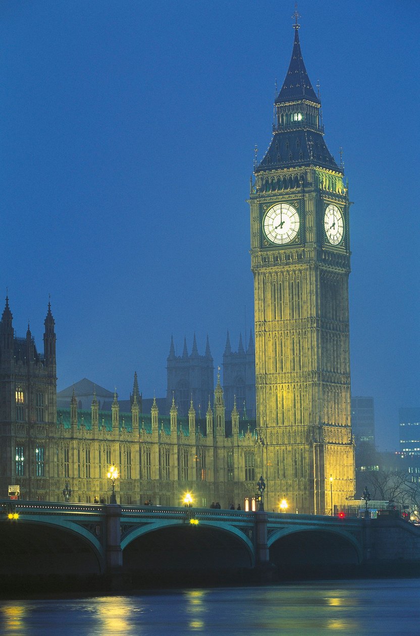 Storbritannia, England, London, Westminster Palace og Big Ben om natten av Augustus Welby Pugin