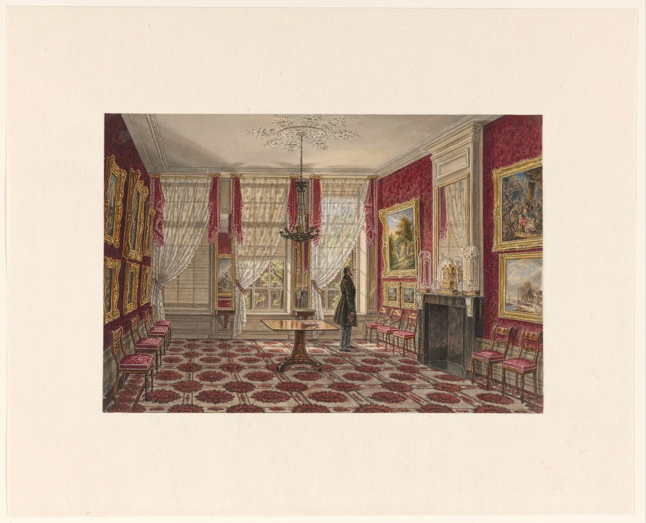Interiør fra 1800-tallet med malerier og stående figur av Augustus Wijnantz