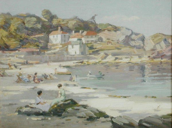 En Cornish Beach (olje på panel) av Augustus William Enness