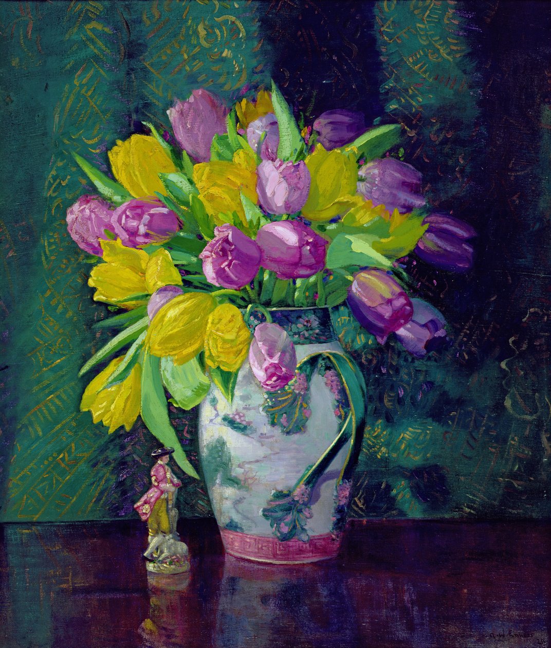 Gule og lilla tulipaner i vase av Augustus William Enness