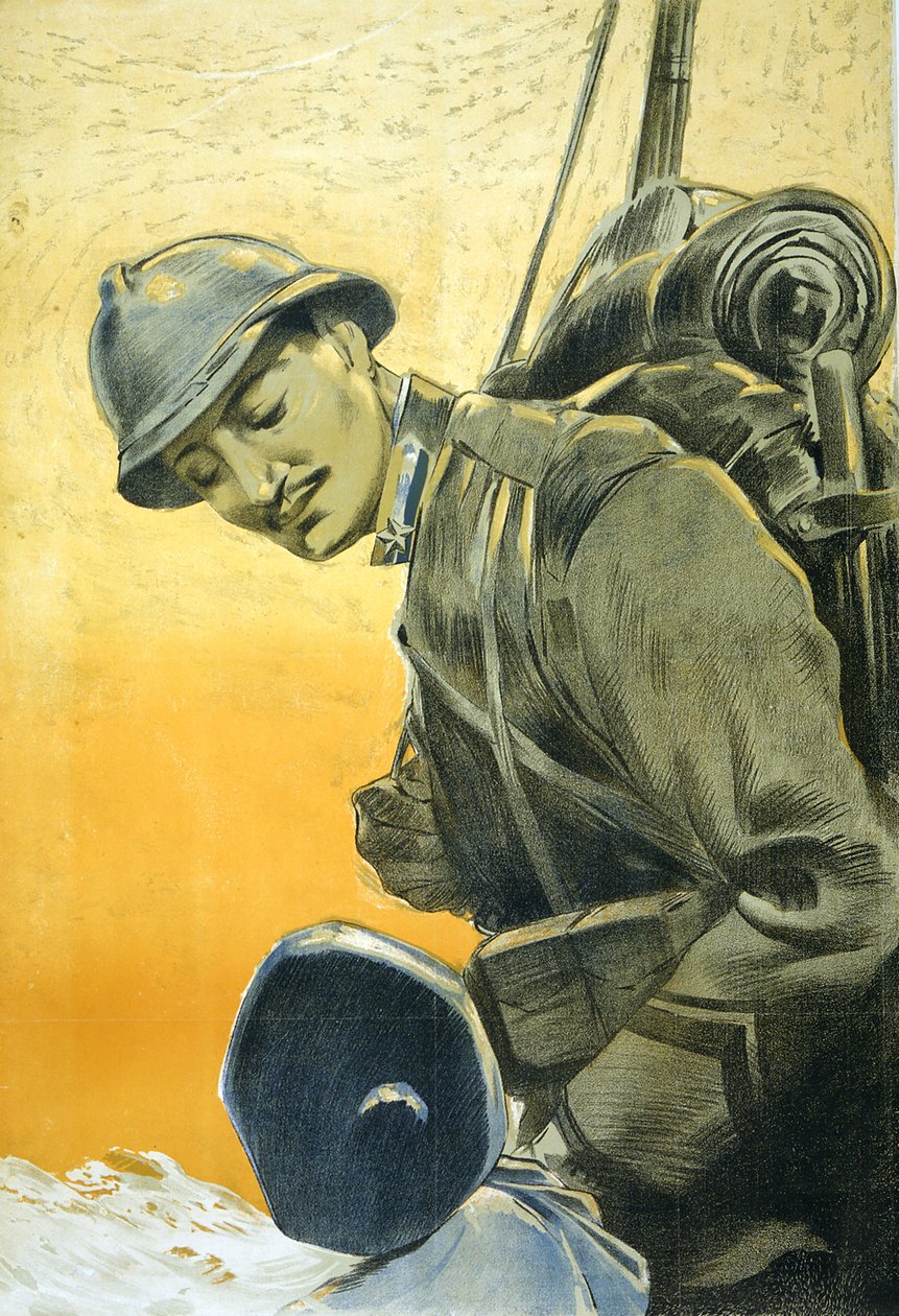Italiensk plakat fra første verdenskrig viser en soldat som ser ned på sin lille sønn. 