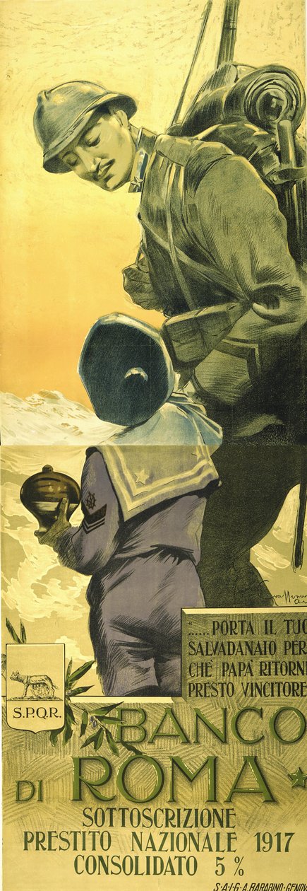 Første verdenskrig: Banco di Romano-plakat for War Loan. Italiensk soldat ber sønnen sin om å tømme pengeboksen sin, og pappa vil snart vinne hjemme. Aurelio Craffonara (1875-1945) italiensk kunstner. av Aurelio Craffonara