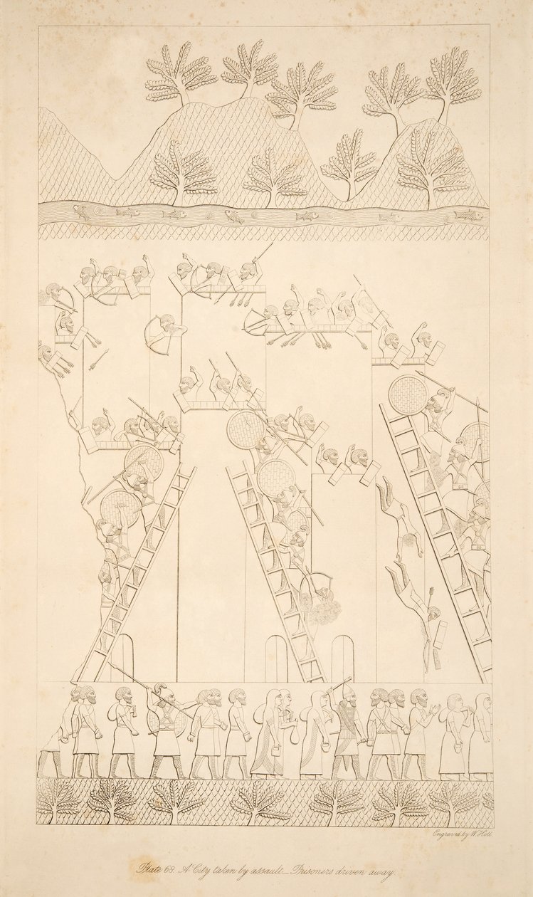 En by tatt av overfall - Fanger drevet bort, fra Monuments of Nineveh, pub. 1849 av Austen Henry Layard