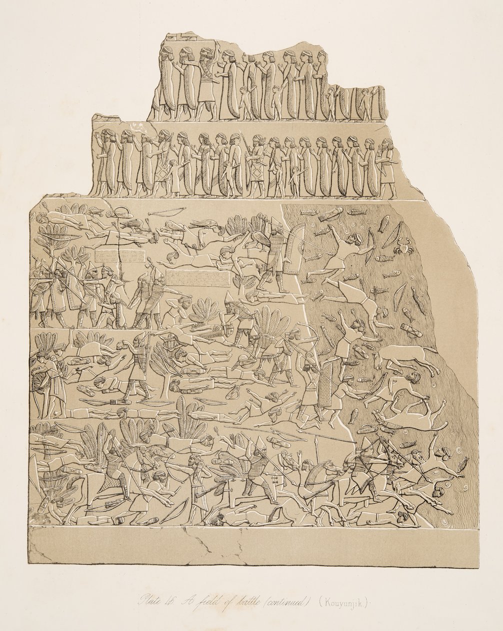 Et slagfelt (Kouyunjik), fra Monuments of Nineveh, pub. 1849 av Austen Henry Layard