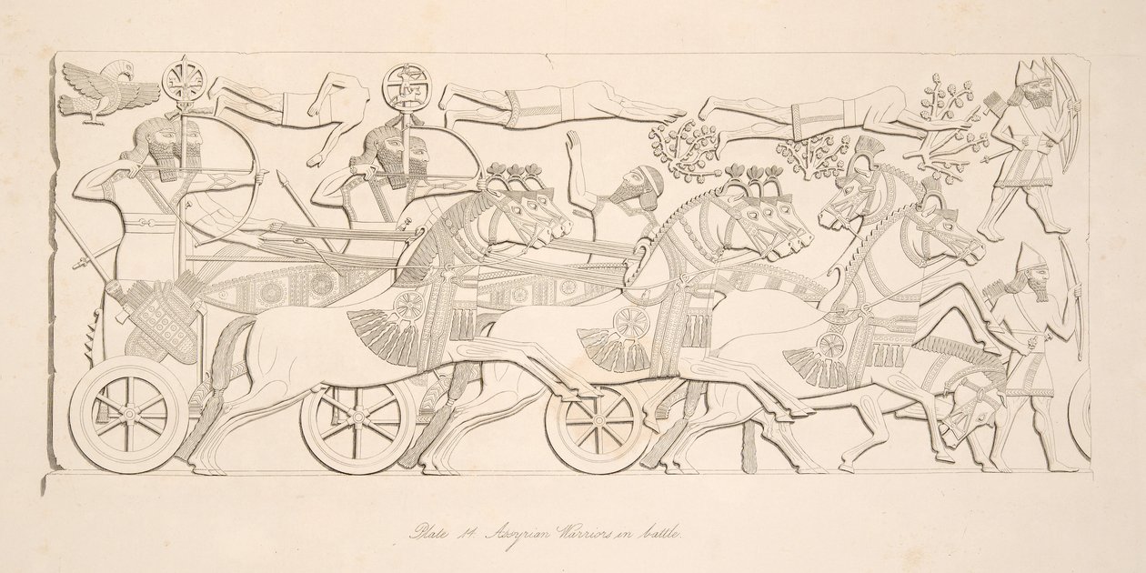 Assyriske krigere i kamp, fra Monuments of Nineveh, pub. 1849 av Austen Henry Layard