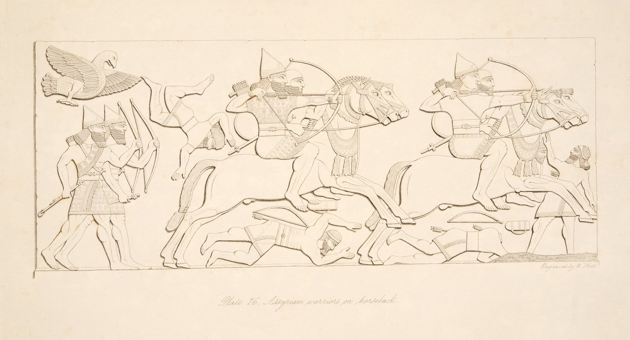 Assyriske krigere til hest, fra Monuments of Nineveh, pub. 1849 av Austen Henry Layard