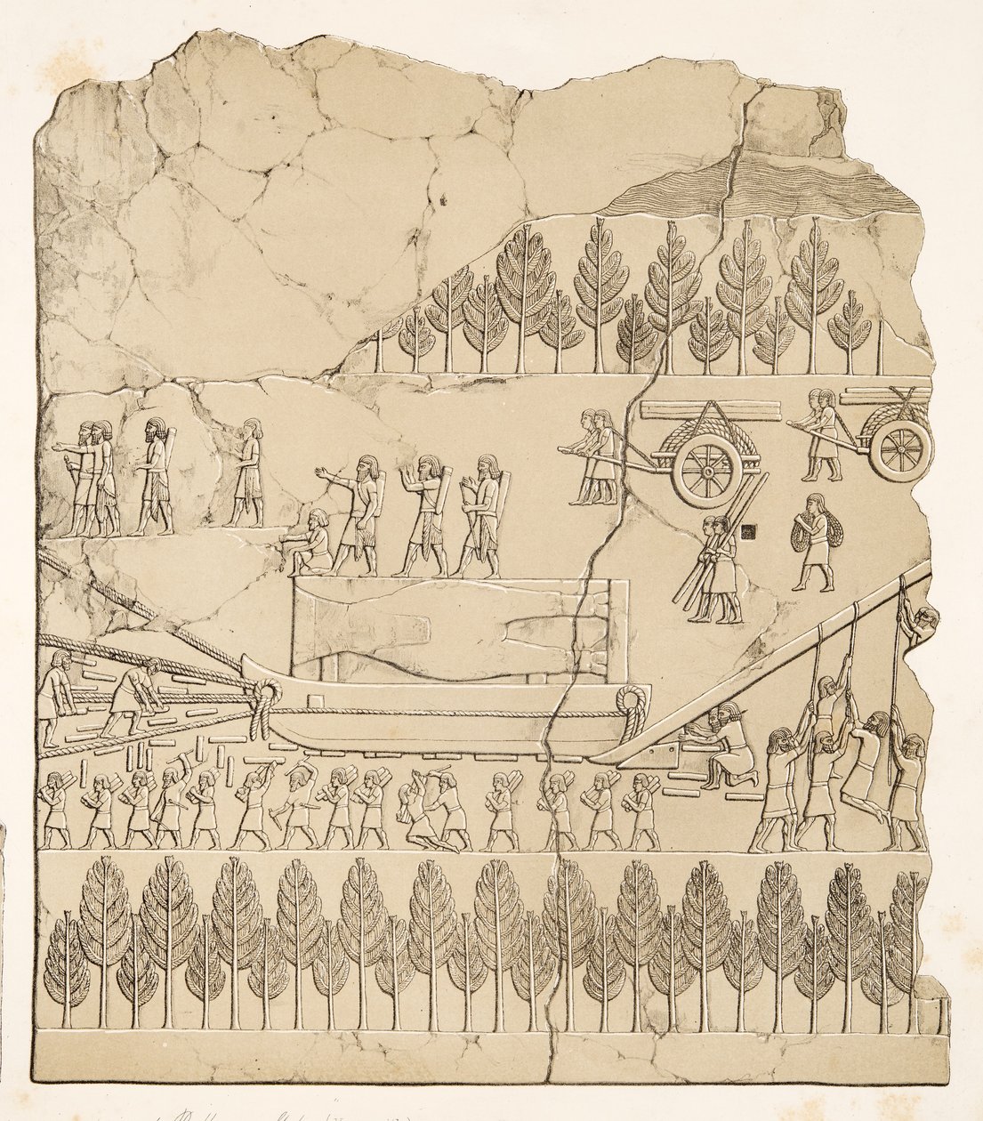 Assyrere flytter en bevinget okse på en slede (Kouyunjik), fra Monuments of Nineveh, pub. 1849 (gravering) av Austen Henry Layard