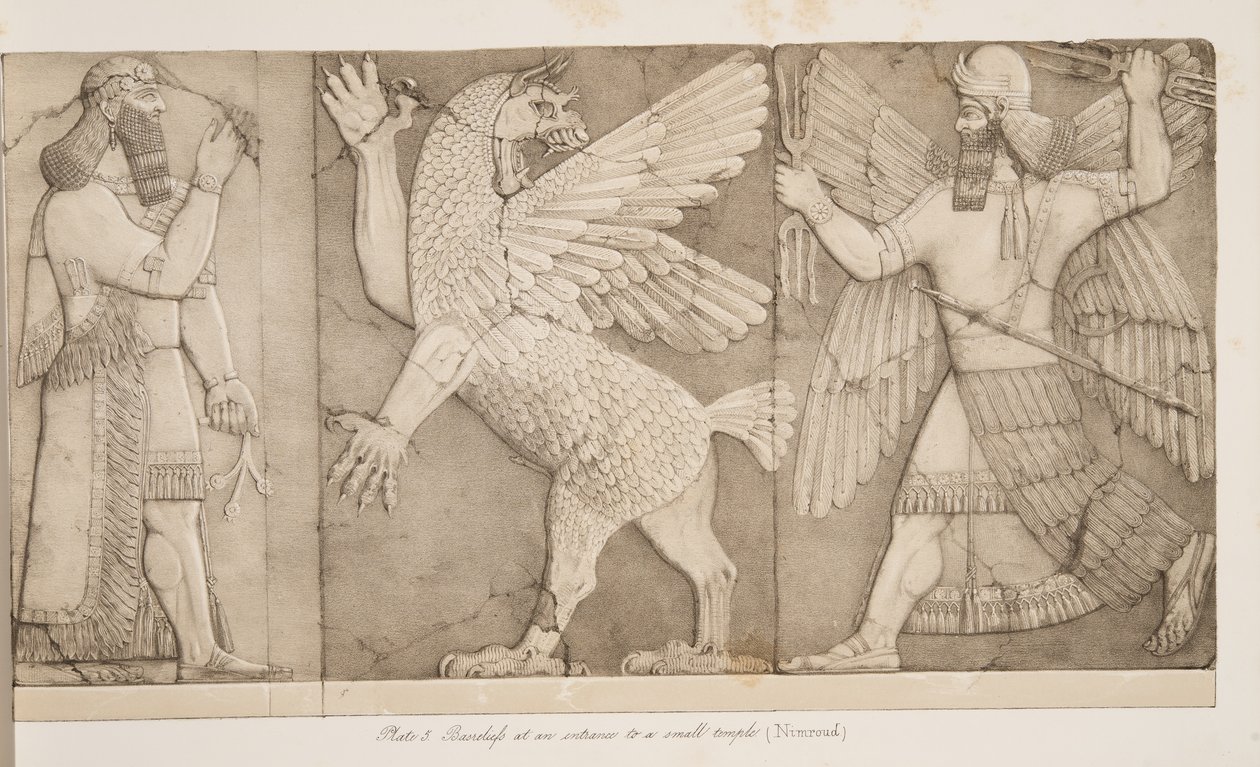 Basrelieffer ved inngangen til et lite tempel (Nimroud), fra Monuments of Nineveh, pub. 1849 av Austen Henry Layard