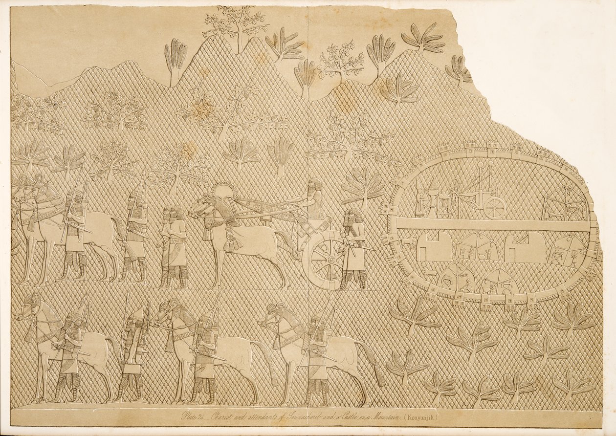 Vogn og ledsagere av Sanherib og et slott på et fjell (Kouyunjik), fra Monuments of Nineveh, pub. 1849 av Austen Henry Layard