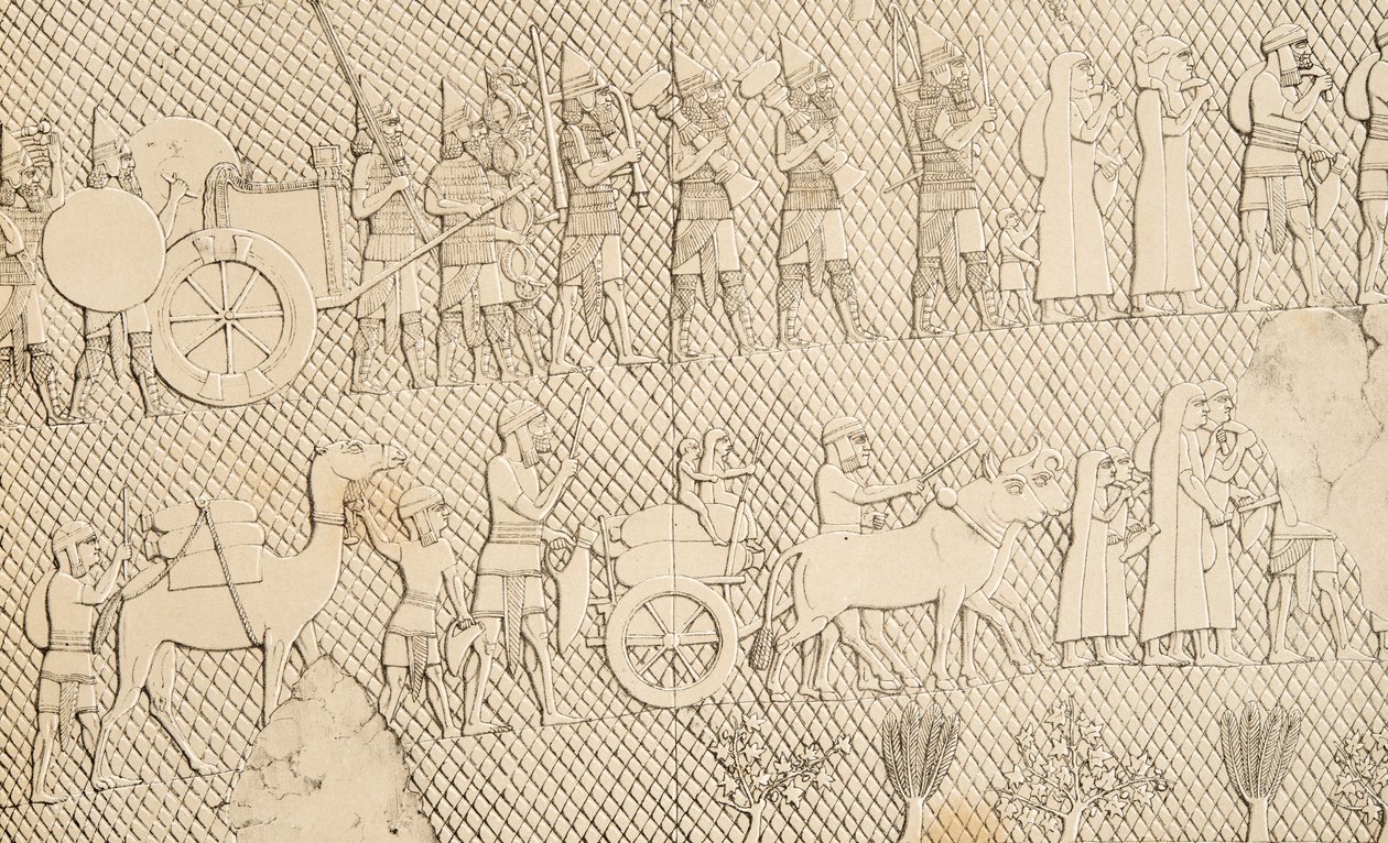 Detalj fra Captives and Spoil fra byen Lachich, illustrasjon fra Monuments of Nineveh, 1858 av Austen Henry Layard