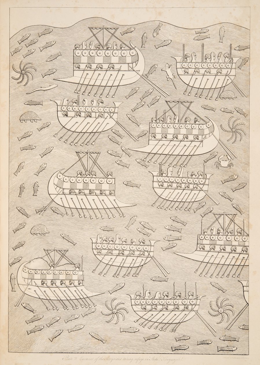 Fiender av assyrerne som søker tilflukt i skip (Kouyunlik), fra Monuments of Nineveh, pub. 1849 av Austen Henry Layard