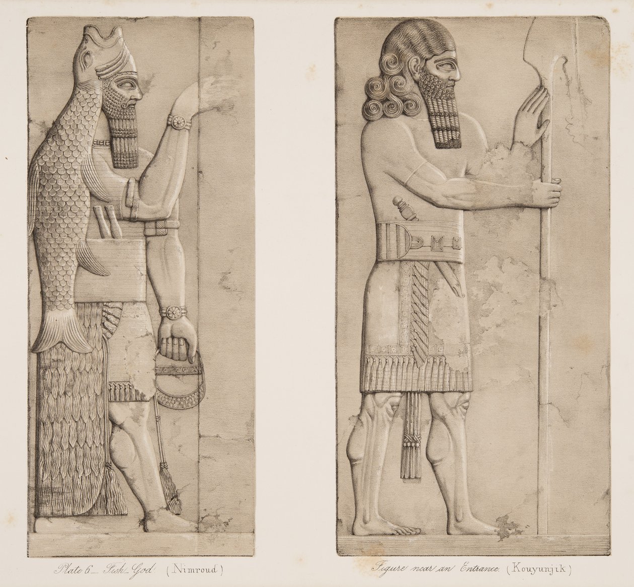 Fish God (Nimroud) og figur nær en inngang (Kouyunjik), fra Monuments of Nineveh, pub. 1849 av Austen Henry Layard