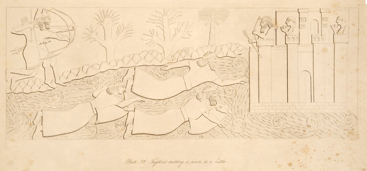 Rømlinger som krysser en elv til et slott, fra Monuments of Nineveh, pub. 1849 av Austen Henry Layard
