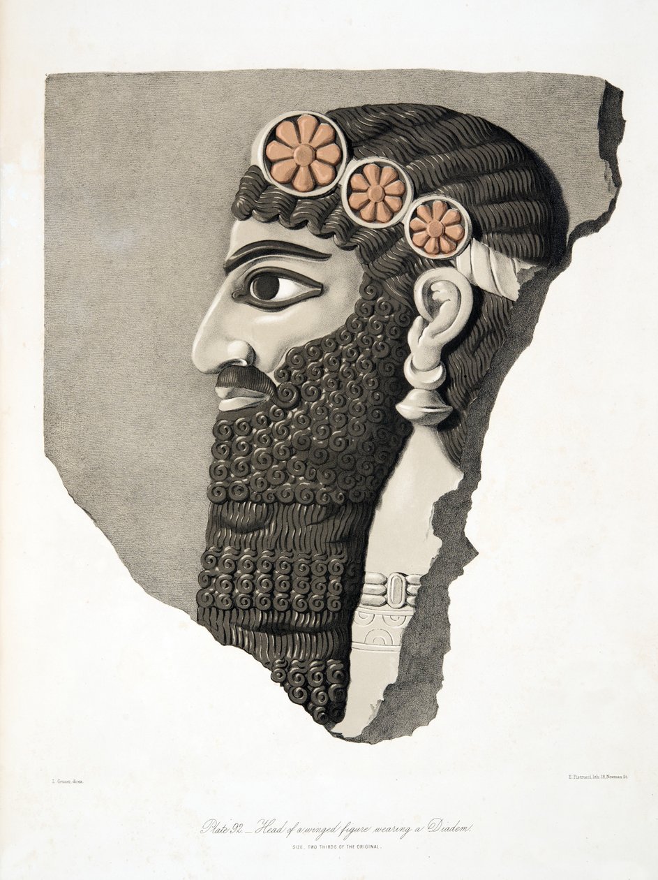 Leder av en bevinget figur iført et diadem, fra Monuments of Nineveh, pub. 1849 av Austen Henry Layard