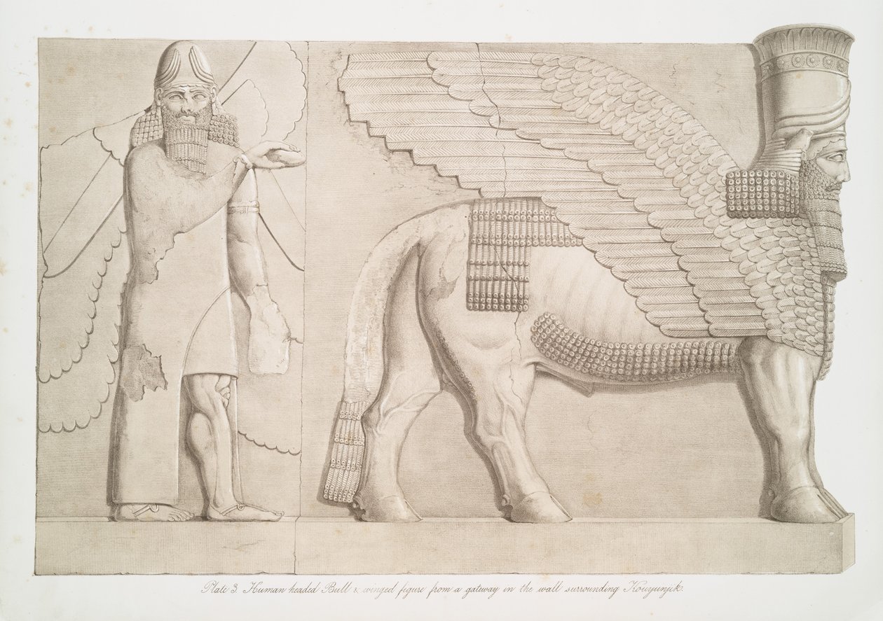 Okse med menneskehode og bevinget figur fra en port i veggen rundt Kouyunjik [Quyunjik], 1853 av Austen Henry Layard