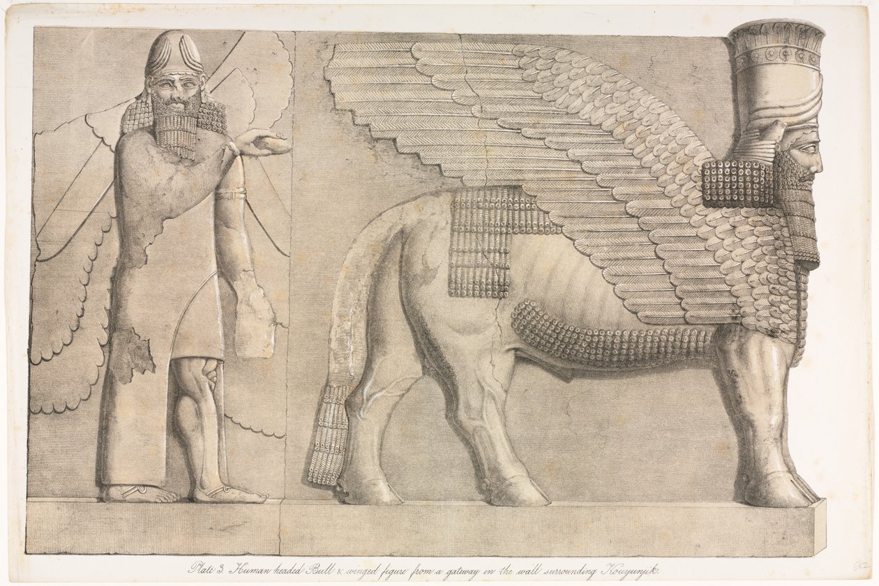 Monumenter av Nineva: Plate 3, menneskehodet okse og bevinget figur fra en port i veggen rundt Kouyunjik (Quyunjik) av Austen Henry Layard